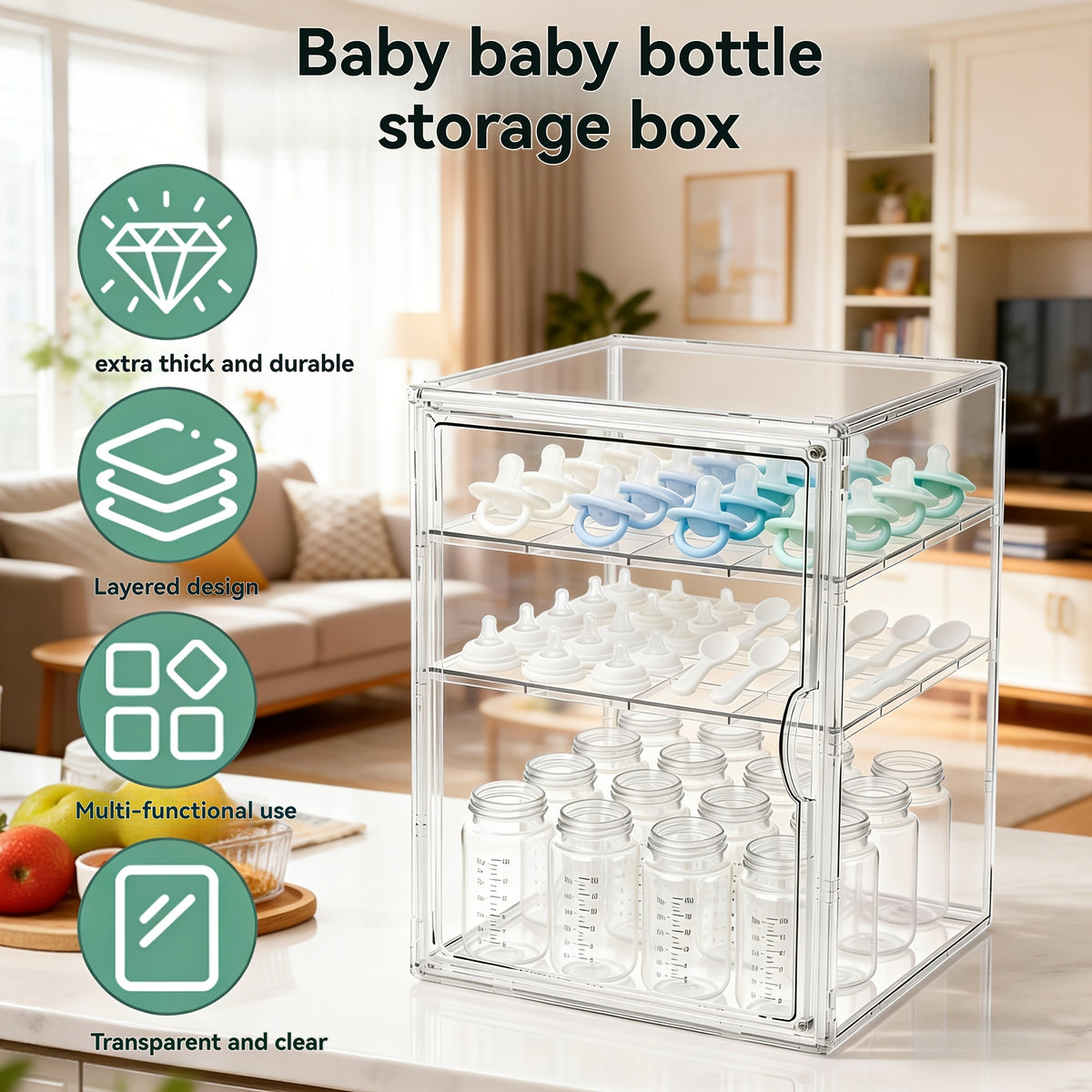 Clear Baby Bottle Storage Organizer with Covered Access and Divided Shelves, Small or Large Feeding Supply Storage Box for Countertop Organization