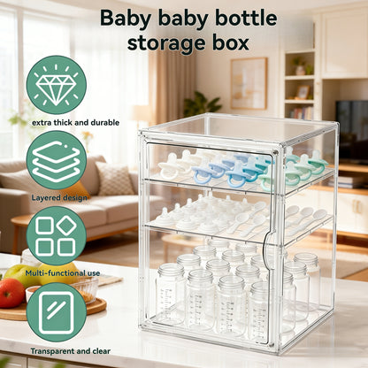 Clear Baby Bottle Storage Organizer with Covered Access and Divided Shelves, Small or Large Feeding Supply Storage Box for Countertop Organization