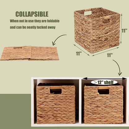 Handwoven Water Hyacinth Cube Storage Basket, Foldable 11 x 11 Inch Organizer for Shelves, Laundry and Everyday Home Clutter with Pack Options