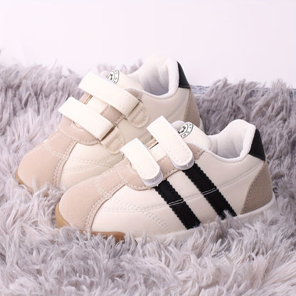 Boys Double-Strap Sneakers with Contrast Side Stripes, Thick-Sole Low-Top Casual Shoes in Black or Red Options for Toddler and Little Kid Everyday Outfits