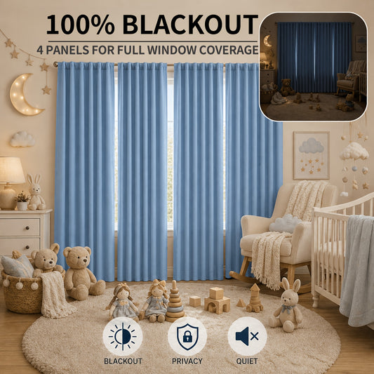 Blue Nursery Blackout Curtains 4-Panel Set, 52 x 63 Inch Coated-Lining Window Drapes with Four Hanging Methods for Bedroom Privacy