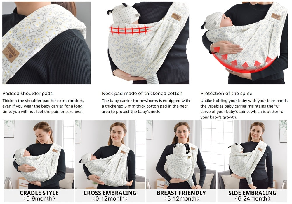 Pocketed Baby Sling Carrier for 1-24 Months, Vrbabies Lightweight Front Carry with Adjustable Shoulder Strap in Yellow Flower or Blue Porcelain