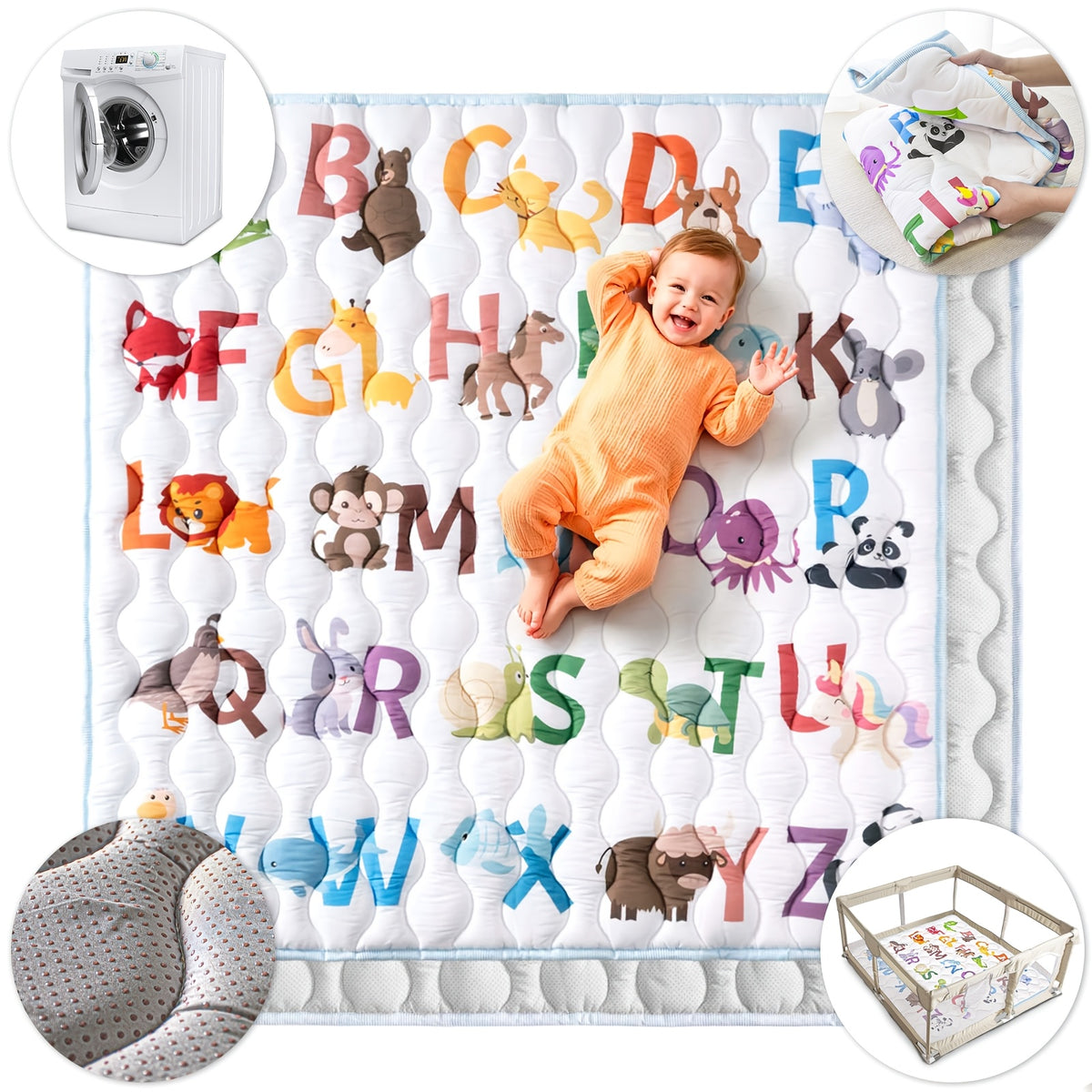 Patterned Baby Floor Mat 50 x 50 Inches, Soft Washable Playpen and Crawling Surface with Anti-Slip Bottom for Tummy Time and Supervised Indoor Play