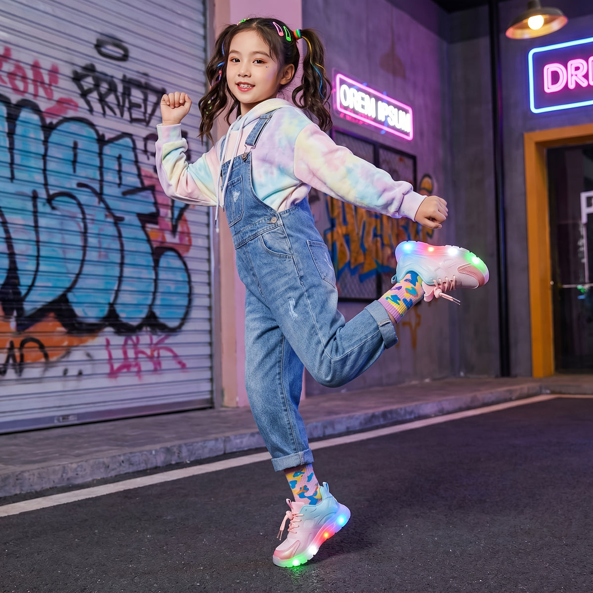 Toddler Light-Up Mesh Sneakers with Lace-Up Fit, Color-Changing LED Cartoon Shoes for Boys and Girls in Pink or White for Everyday Play