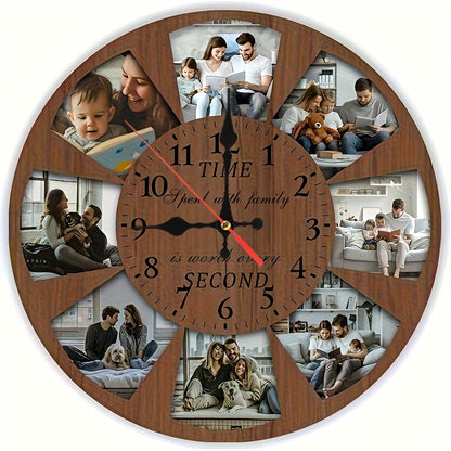 Custom Photo Collage Nursery Wall Clock with Round Wood-Grain Look, Personalized Battery-Operated Room Decor in 9.9 or 11.9 Inch Sizes
