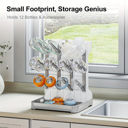 Space-Saving Bottle Drying Rack with Vertical Bottle Holders and Drip-Through Top Accessory Tray, Countertop Organizer for Baby Feeding Supplies