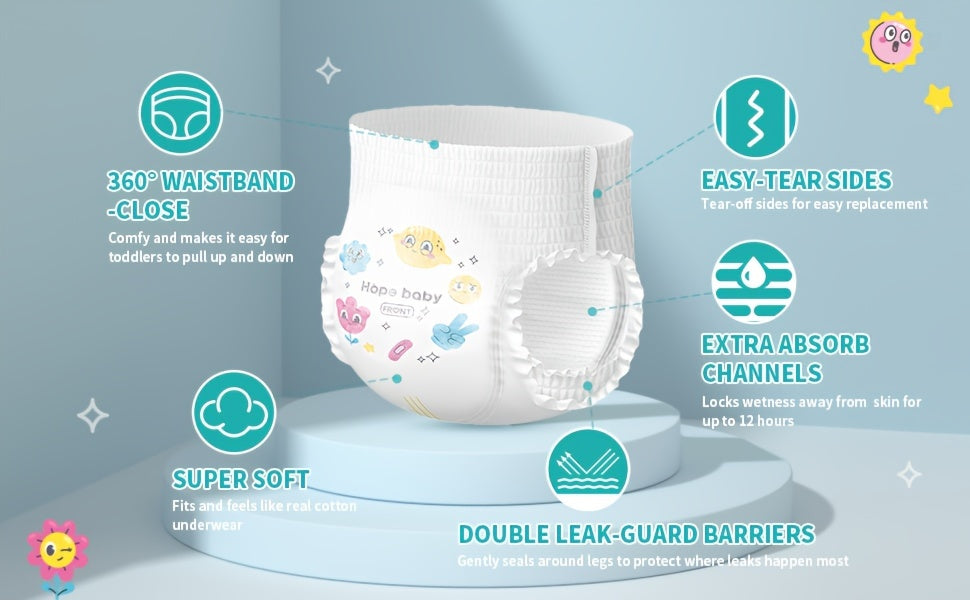 HOPE BABY Pull Ups Potty Training Pants, Premium Training Underwear 64-68 Count – Hypoallergenic Toddler Diapers for Sensitive Skin, Sizes L to XXXL, Comfortable Everyday Potty Training