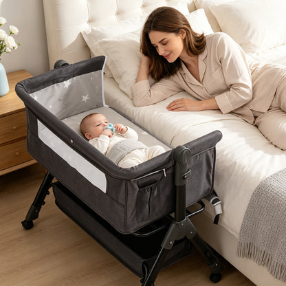 Bedside Bassinet with Lockable Wheels, Height-Adjustable 3-in-1 Crib-Side Infant Sleeper with Mosquito Net and Storage Bag, Dark Gray