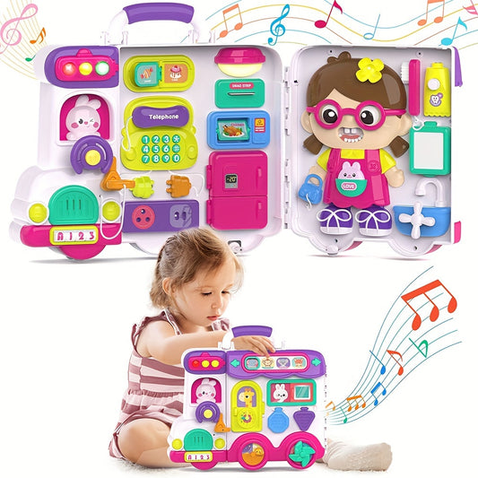 Bilingual Musical Busy Board for Baby, 54-in-1 English and Spanish Activity Toy with Shapes, Numbers, Letters and Interactive Details in Purple