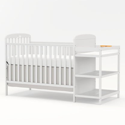 Baby Crib with Changing Table, Goldzone 4-in-1 Convertible Wooden Nursery Crib with Four Mattress Heights, Two Storage Shelves and Toddler Bed Conversion, White