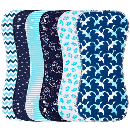 Large Baby Burp Cloths with Snaps, 6-Pack Soft Absorbent 3-Layer Spit-Up Rags, 18.5 x 8.7 Inch Shoulder Cloths in Shark or Water Ripple Styles