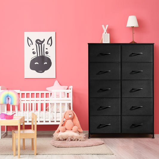 Fabric Drawer Dresser for Bedroom Storage with Metal Frame and Wood Tabletop, 9 or 10 Drawer Closet Organizer Tower for Clothes, Living Room or Entryway