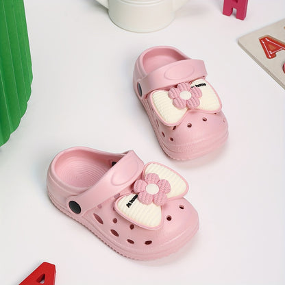 Kids EVA Bow Clogs for Girls, Thick-Sole Anti-Slip Slip-On Shoes in Black or Beige for At-Home Wear and Everyday Casual Outfits