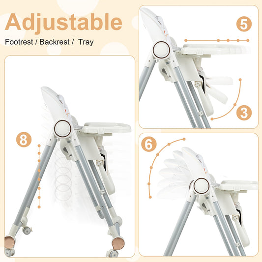 2-in-1 Baby High Chair and Swing Chair, Foldable Feeding Seat with 4 Locking Wheels, Adjustable Settings and Detachable Cushion in White