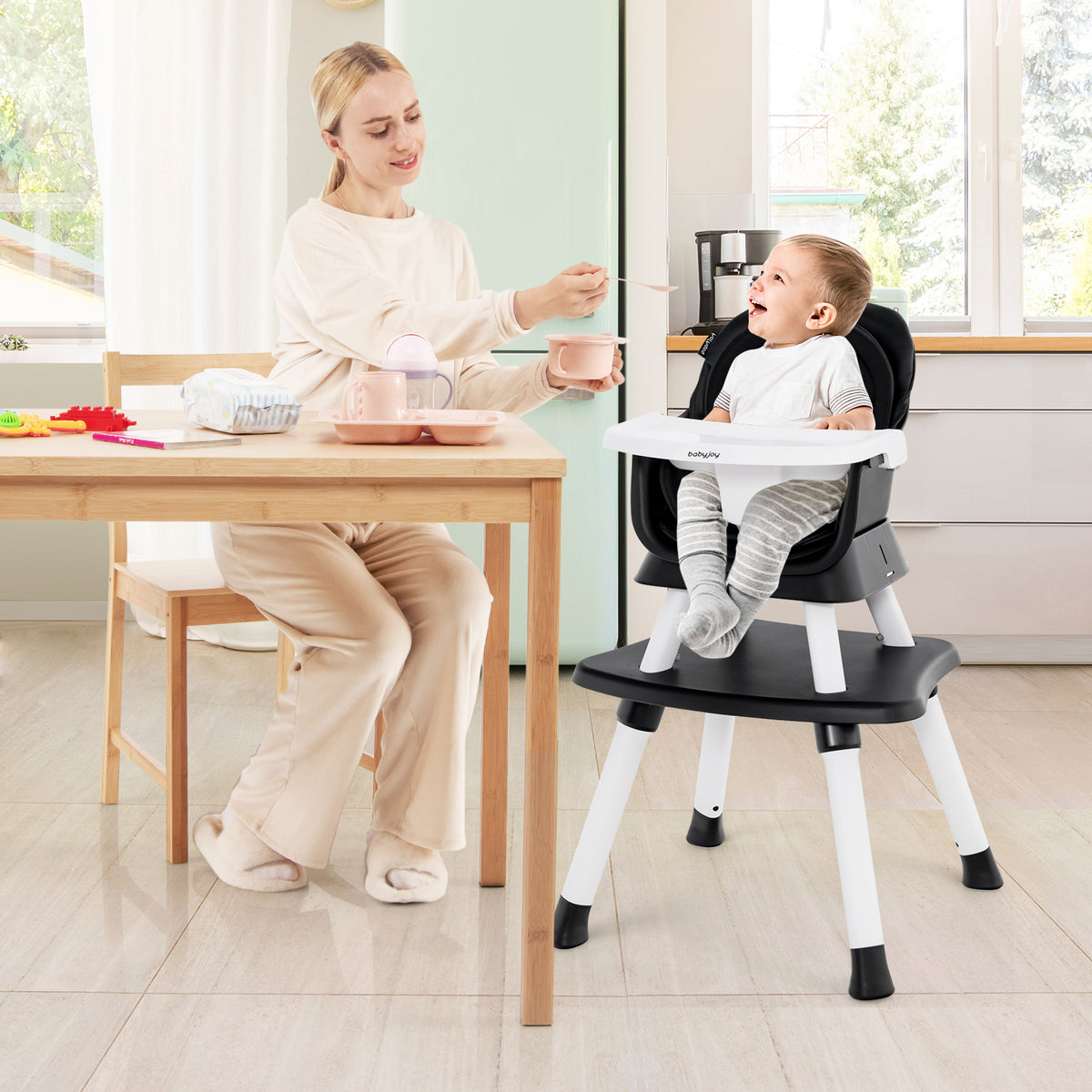 8-in-1 Baby High Chair with Activity Table, BABYJOY Convertible Feeding Seat with Removable Tray, Booster Mode and 5-Point Harness for Ages 6 Months to 6 Years
