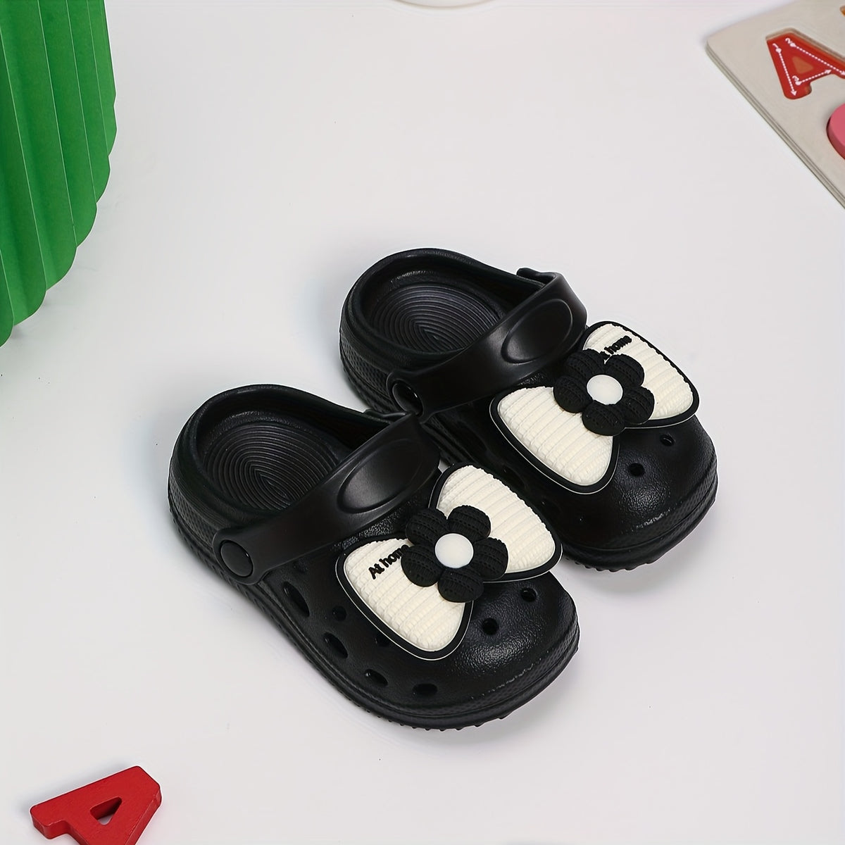 Kids EVA Bow Clogs for Girls, Thick-Sole Anti-Slip Slip-On Shoes in Black or Beige for At-Home Wear and Everyday Casual Outfits