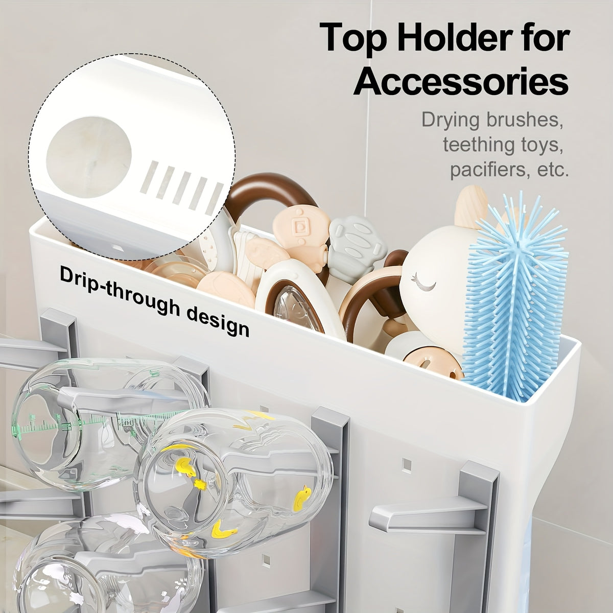 Space-Saving Bottle Drying Rack with Vertical Bottle Holders and Drip-Through Top Accessory Tray, Countertop Organizer for Baby Feeding Supplies