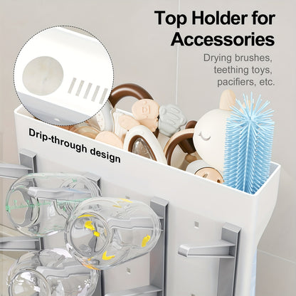 Space-Saving Bottle Drying Rack with Vertical Bottle Holders and Drip-Through Top Accessory Tray, Countertop Organizer for Baby Feeding Supplies