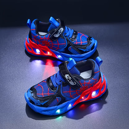 Kids Light-Up Spider Web Sneakers with Breathable Mesh Upper, LED Flashing Athletic Shoes for Boys and Girls in Red or Blue for Everyday Wear