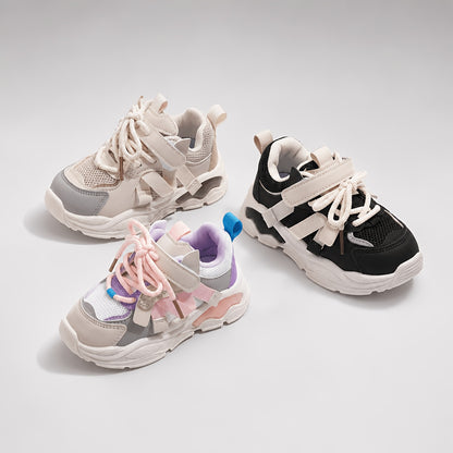 Toddler Geometric Sneakers with Breathable PU Upper, PVC Sole and Lace-Up plus Hook-and-Loop Closure, All-Season Casual Running Shoes for Ages 1-6