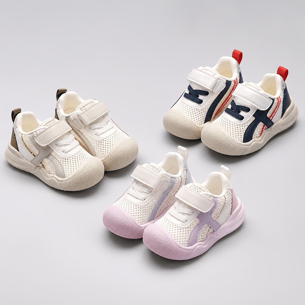 Toddler Mesh Strap Sneakers with Contrast Panels, Breathable Spring and Summer Walking Shoes for Boys and Girls in Pink, Camel or Blue, US Toddler Sizes 4-9