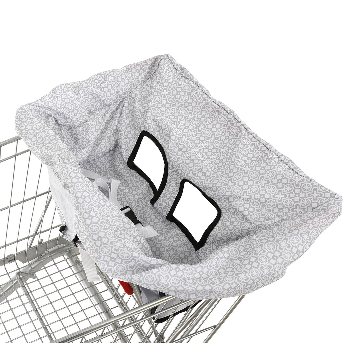 Padded Baby High Chair and Shopping Cart Seat Cover, Machine-Washable Portable Cushion with Attached Storage Bag in Grey Flower or Blue Owl