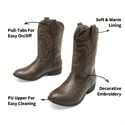 Embroidered Mid-Calf Western Riding Boots for Kids - Pull-On Cowboy Cowgirl Boots with Round Toe, Soft Lining & Flexible TPR Sole for Boys & Girls, Little Kid & Big Kid Sizes
