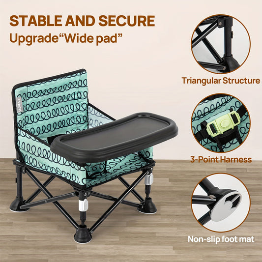 Foldable Baby Camping Chair with Tray, Portable Toddler Beach Seat for Indoor and Outdoor Use, Straps to Kitchen Chairs for Mealtime