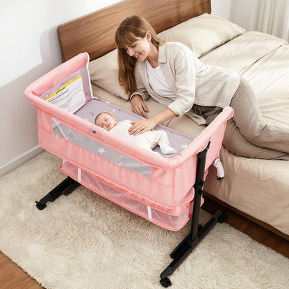 3-in-1 Mesh Bedside Sleeper Bassinet for Baby, Adjustable Infant Crib with Wheels and Storage Basket, 16 lb Frame and 33 lb Listed Infant Weight Limit