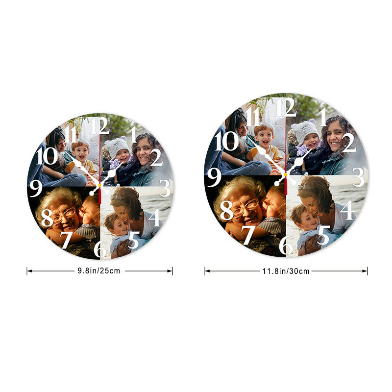 Quartz Photo Wall Clock for Nursery with Personalized Picture Panel, Silent Round 12-Inch Analog Timepiece with Artificial Wood Frame for Room Decor