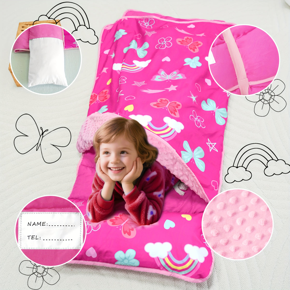 Portable Nap Mat for Preschool and Daycare by Primlect, Foldable Minky Dot Rest Mat with Built-In Pillow and Machine-Washable Design for Kids