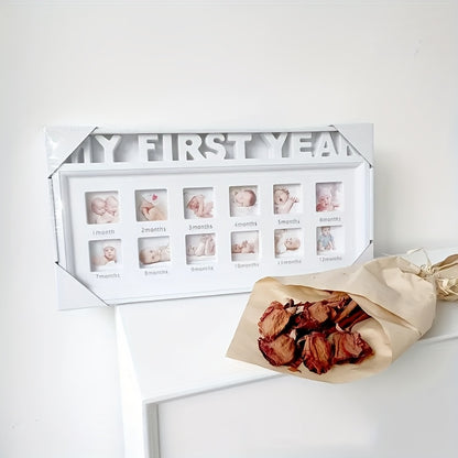 12-Month Baby Milestone Photo Frame in White, Neutral First-Year Picture Display and Keepsake Sign for First Birthday or Baby Shower Gifts