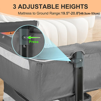 Adjustable Bedside Baby Bassinet with Lockable Wheels, Mosquito Net, Storage Bag and Mattress, Pink or Dark Gray Infant Sleeper
