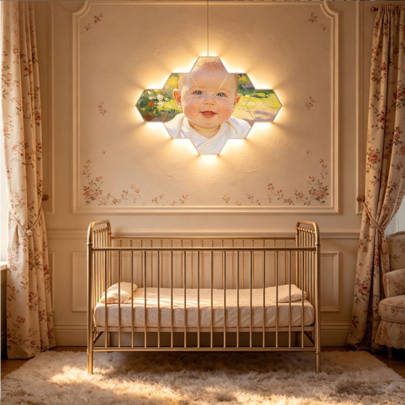 Hexagon Nursery Photo Wall Frames with Touch-Activated Lighting, Customizable Modular Picture Display for Baby Growth Memories and First Birthday Decor