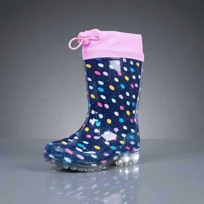 Kids Rain Boots in Cyan, PVC Short Ankle Boots with Polka Dot and Cartoon Prints, Easy-Clean Non-Slip Sole for Toddler and Little Kid Rainy-Day Outdoor Play