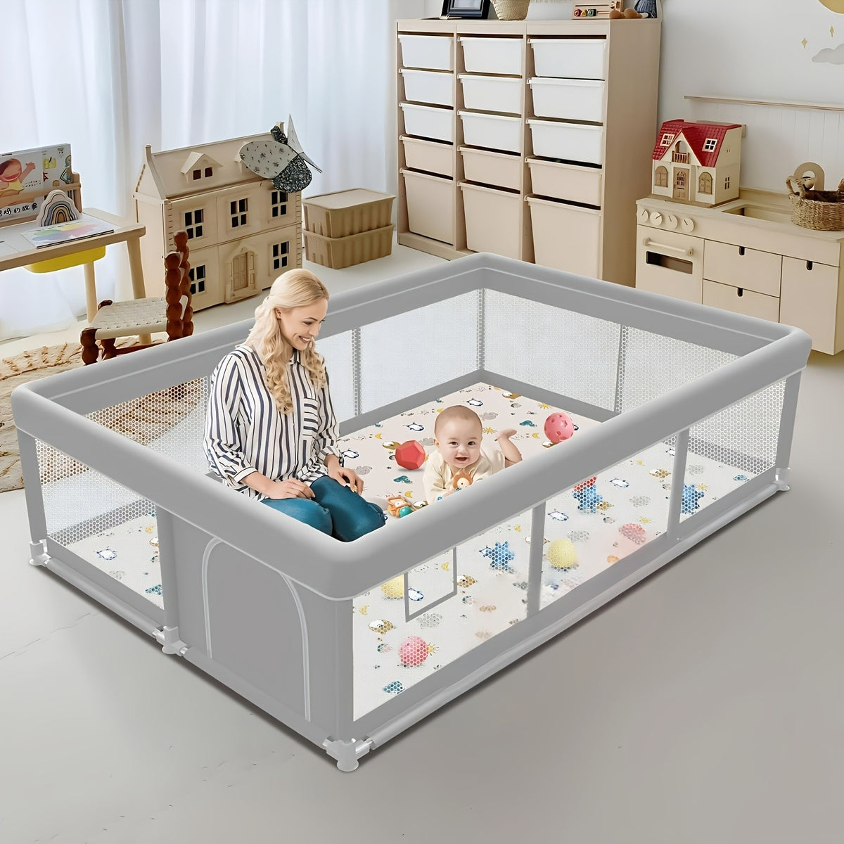 Baby Playpen with Breathable Mesh for Indoor and Outdoor Play, Large Kids Activity Yard in Beige or Gray with Multiple Size Options