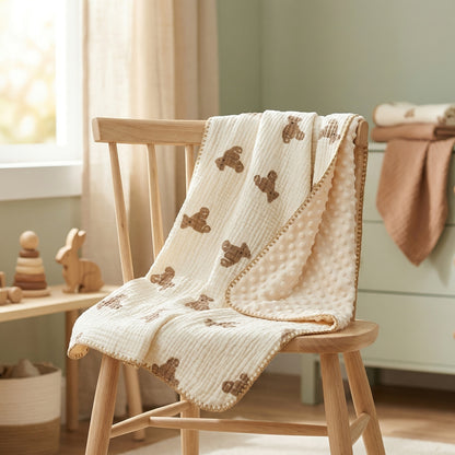Double-Layer Baby Blanket with Cotton Gauze and Minky Dot Backing, 39.37 x 39.37 Inch Newborn Wrap in Bear, Rabbit and Dinosaur Prints