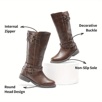 Double-Buckle Knee-High Sweater Riding Boots for Girls - Fashionable Tall Boots with Adjustable Buckle Straps, Assorted Colors, Comfortable Fit for Toddler, Little Kid & Big Kid
