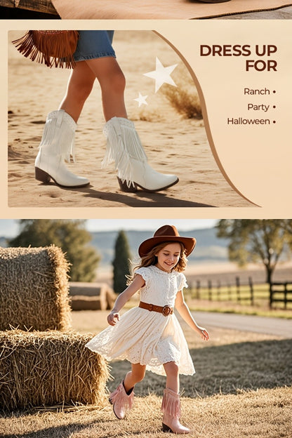 Tassel Fringe Western Ankle Boots for Girls - Star Cutout Cowgirl Boots with Soft Lining, Stable Heel, Easy Slip-On for Parties, Playtime & Dress-Up Fun