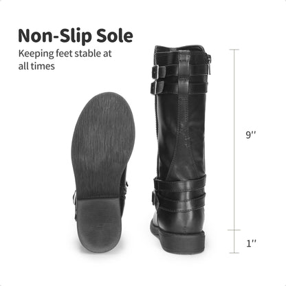 Girls' Buckle Knee-High Winter Boots with Classic Riding Style, Fabric Lining and PU Insole for Toddler, Little Kid & Big Kid, Black, Dark Brown or Sepia