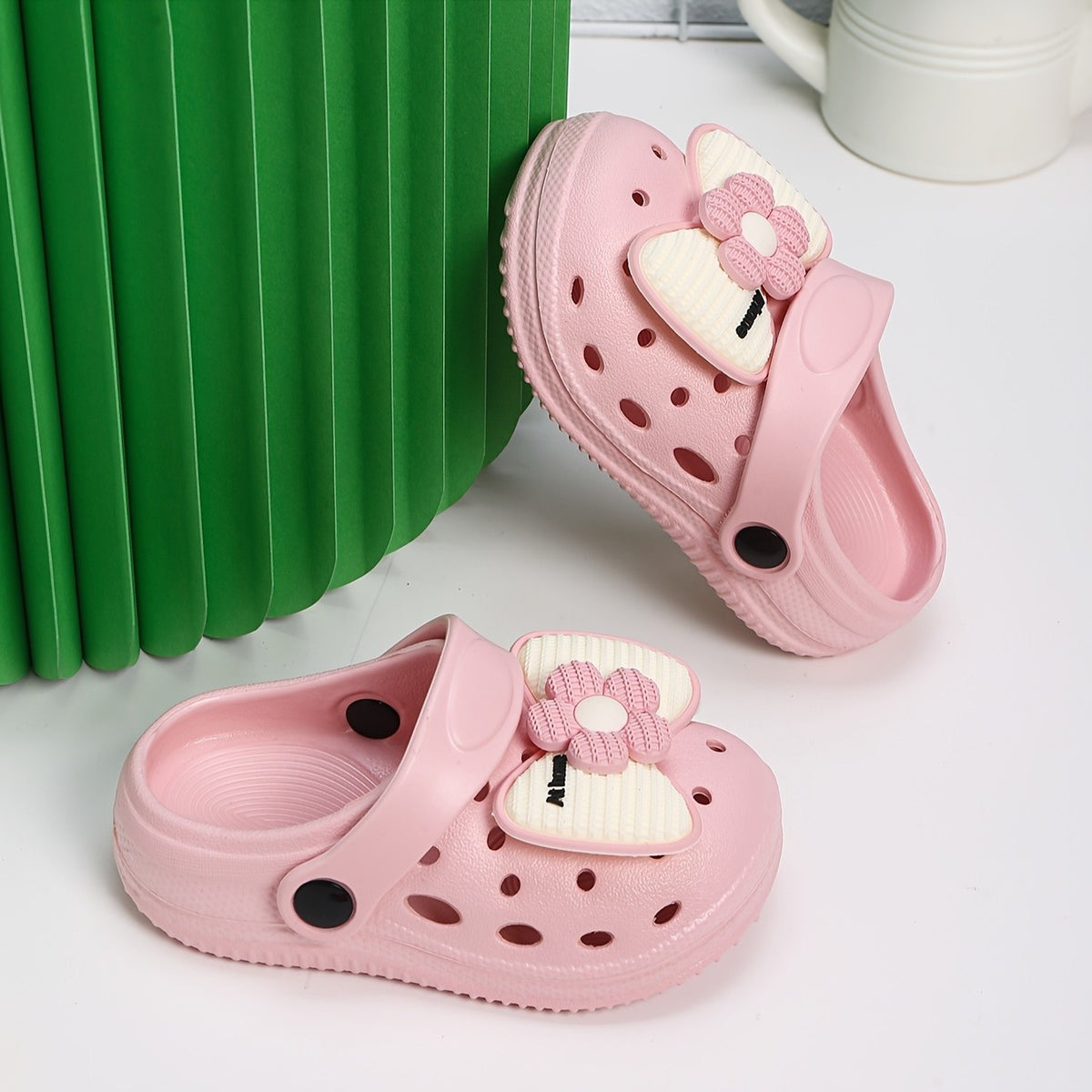 Kids EVA Bow Clogs for Girls, Thick-Sole Anti-Slip Slip-On Shoes in Black or Beige for At-Home Wear and Everyday Casual Outfits