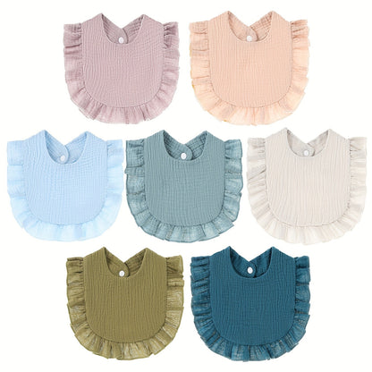 Muslin Baby Drool Bibs 7-Pack with Adjustable Snap Closure and Ruffle Trim, Soft Absorbent Feeding Bib Set in Cartoon or Mixed Pink Options