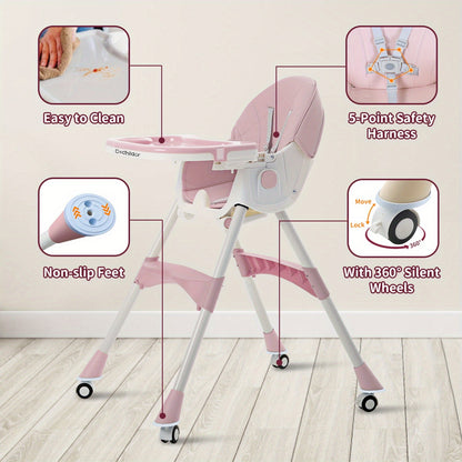 Adjustable Baby Dining Chair with Tray, Convertible Folding High Chair with Multi-Position Backrest and 5-Point Harness for Home Meals and Outings