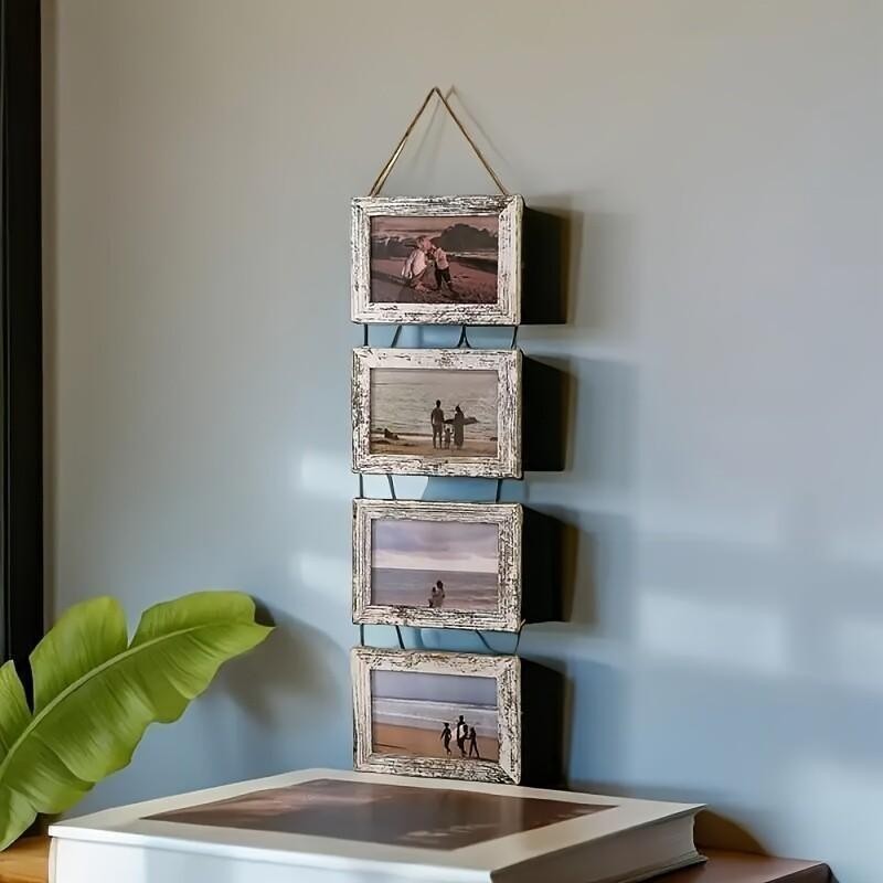 Wooden Baby Photo Frame Set, Two 4-Panel 4x6 Collage Frames with Glass Covers for Nursery Wall or Tabletop Display, First-Year Memories and Gift Giving