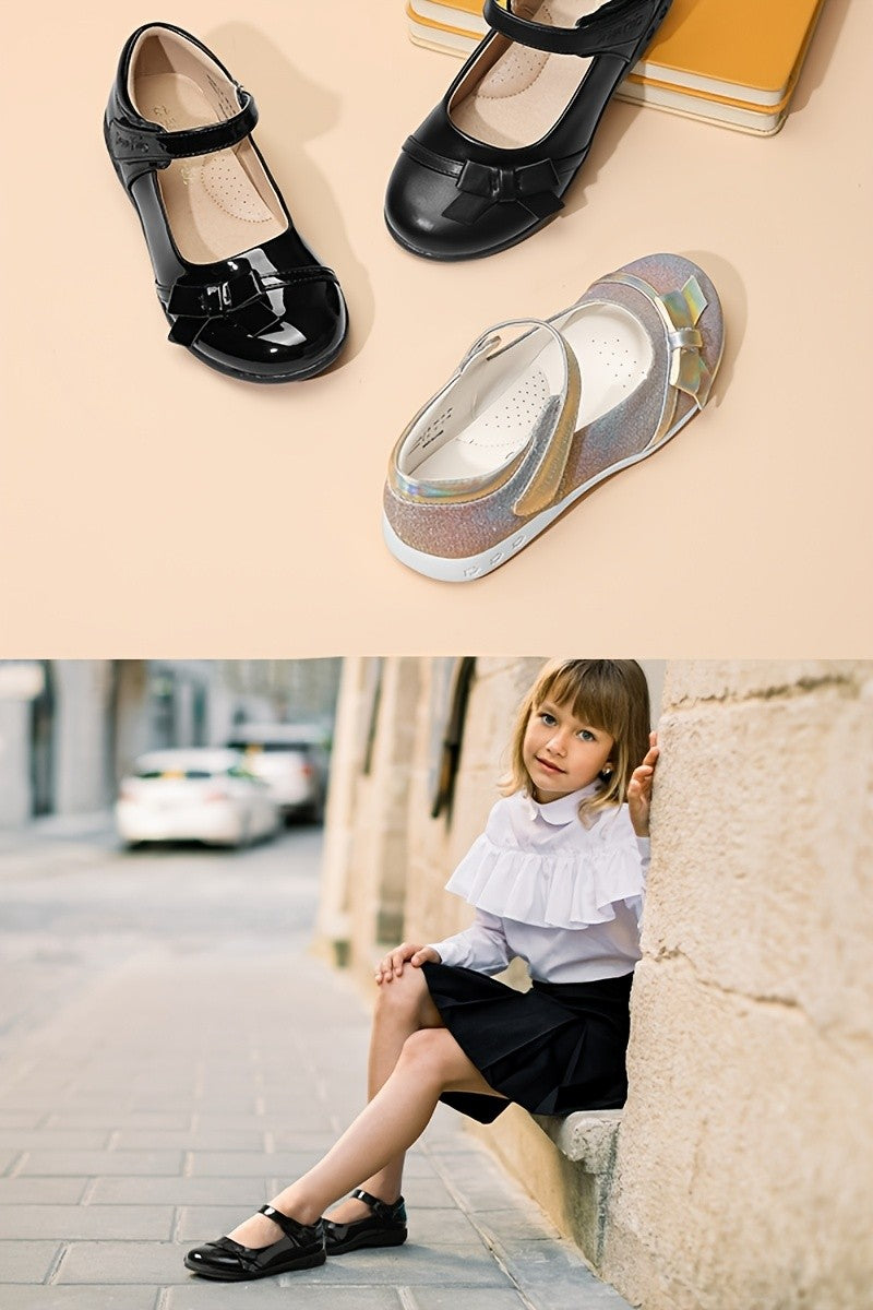 Latex-Cushioned Bow Mary Jane School Flats for Girls - Hook & Loop Strap, Round Toe, Comfortable Everyday Shoes for Toddler, Little Kid & Big Kid, Great for School, Party & Special Occasions