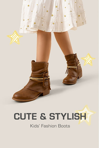 Plaid Side-Zip Ankle Boots for Girls - Stylish Low Heel Boots with Warm Lining, Non-Slip Outsole, Easy On and Off for Little Kid & Big Kid, Perfect for Fall and Winter