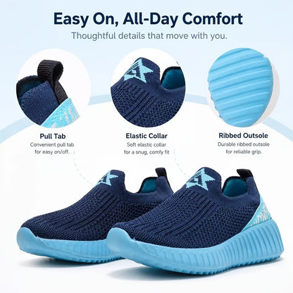 Kids Slip-On Mid-Top Sneakers for Boys and Girls, Lightweight Breathable Outdoor Play Shoes with Cushioned Sole in Toddler, Little Kid and Big Kid Sizes