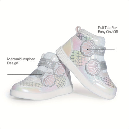 Girls Shell-Pattern High-Top Sneakers with Shiny Detail, Casual Walking Shoes for Toddlers and Little Kids in Pink, Lavender or White