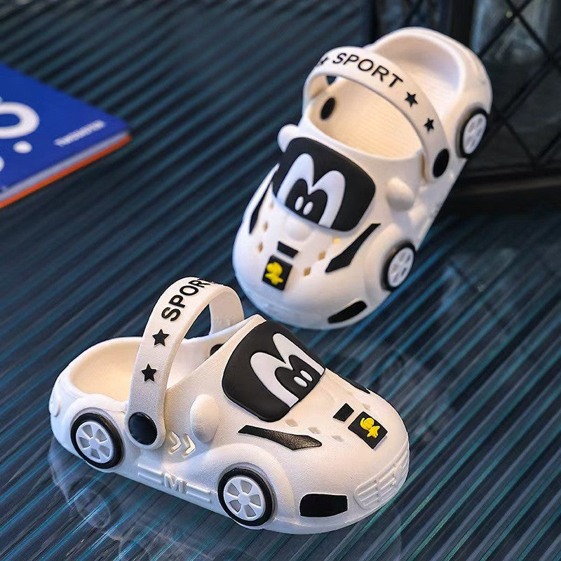 Toddler Car Sandals for Boys, Cartoon Vehicle Hole Shoes with Soft Soles in White, Yellow, Orange or Blue for Everyday Play and Casual Outings