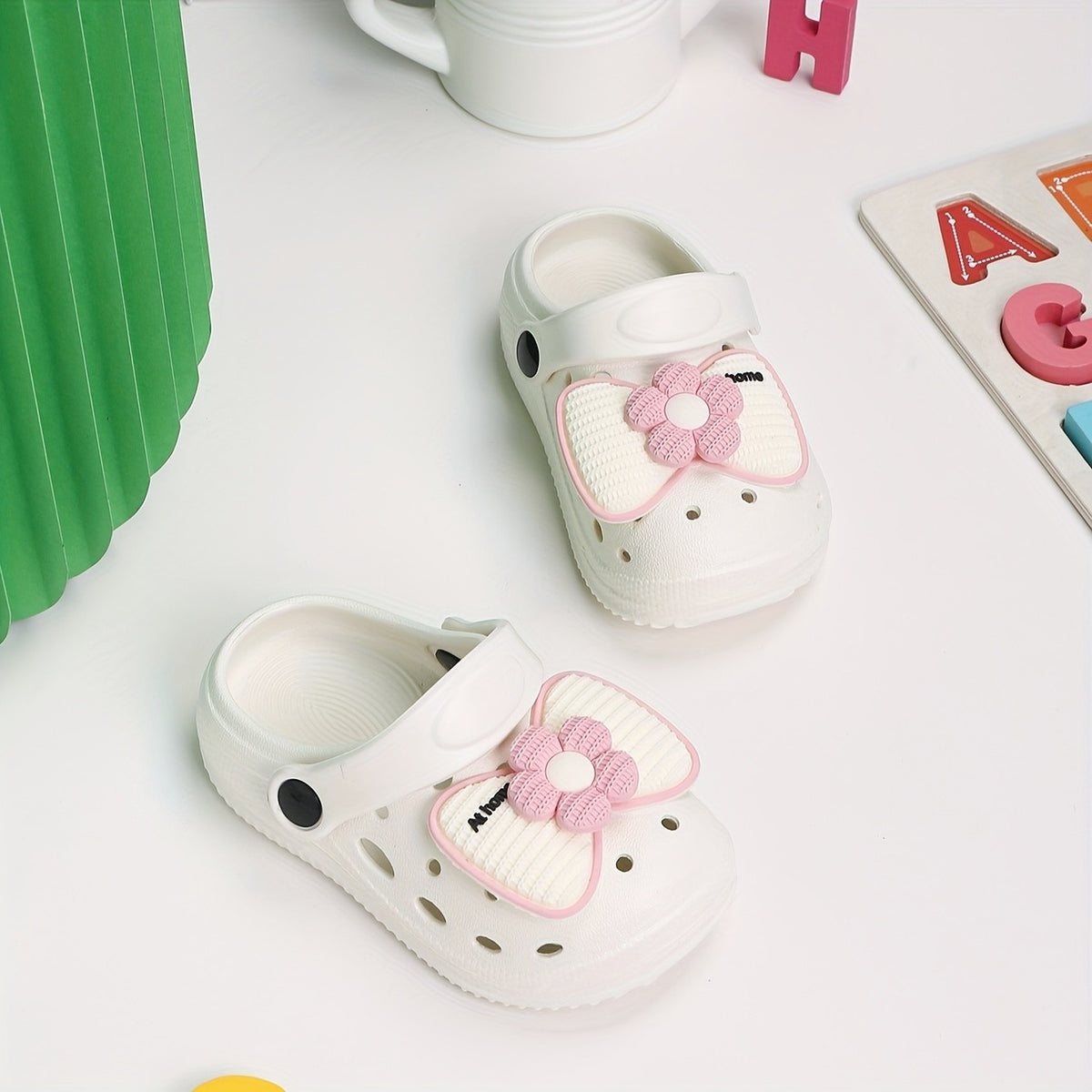 Kids EVA Bow Clogs for Girls, Thick-Sole Anti-Slip Slip-On Shoes in Black or Beige for At-Home Wear and Everyday Casual Outfits